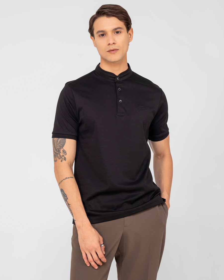 Eclipse Black Mercerised Premium Cotton Interlock Men's Regular Fit Polo T-Shirt with Band Collar
