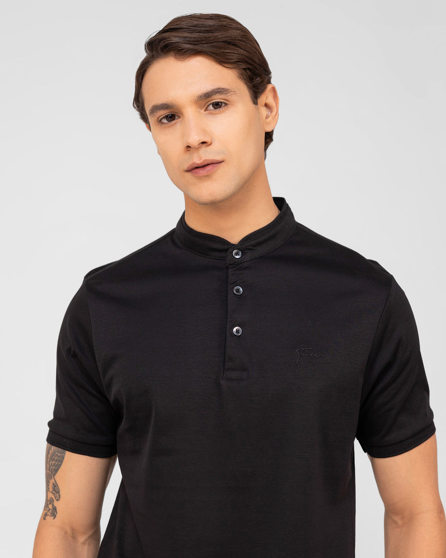 Portofino Black Mercerised Luxury Cotton Interlock Men's Regular Fit Polo Shirt with Stand Collar