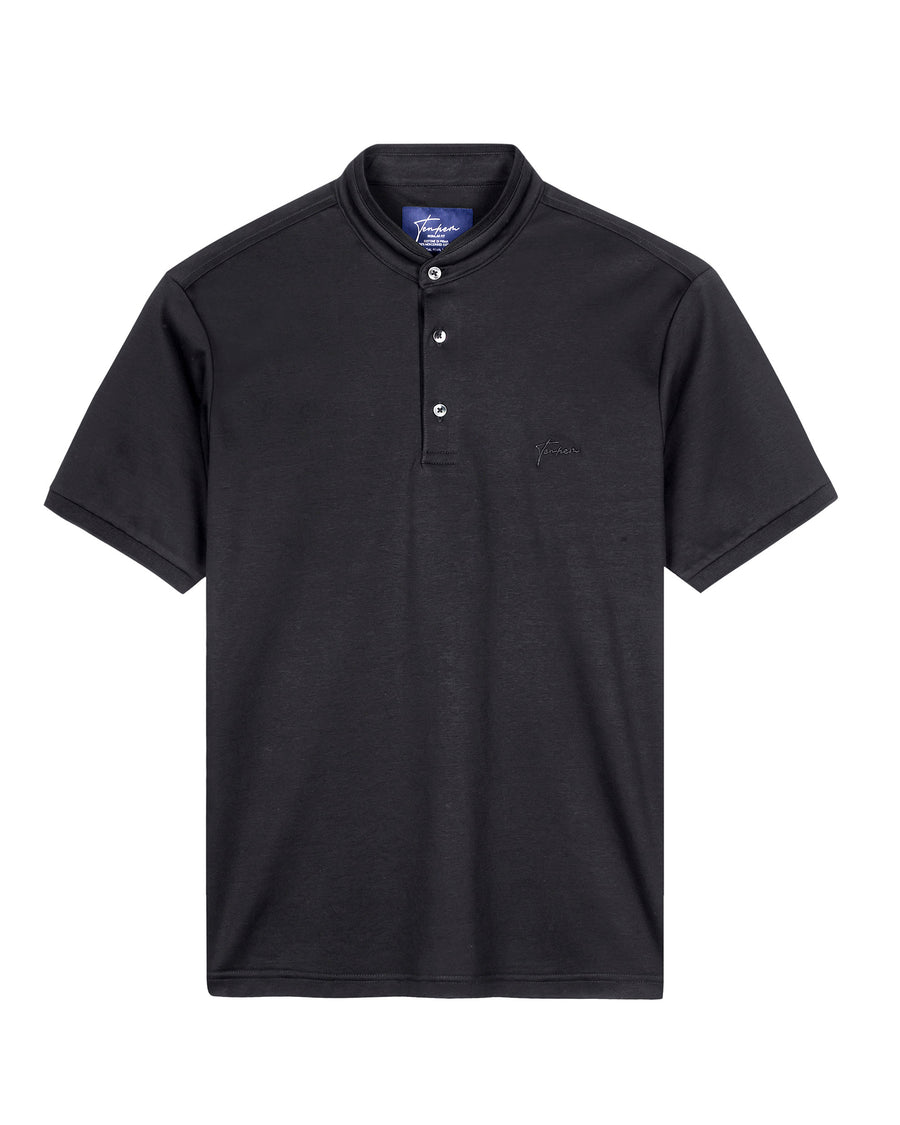 Portofino Black Mercerised Luxury Cotton Interlock Men's Regular Fit Polo Shirt with Stand Collar
