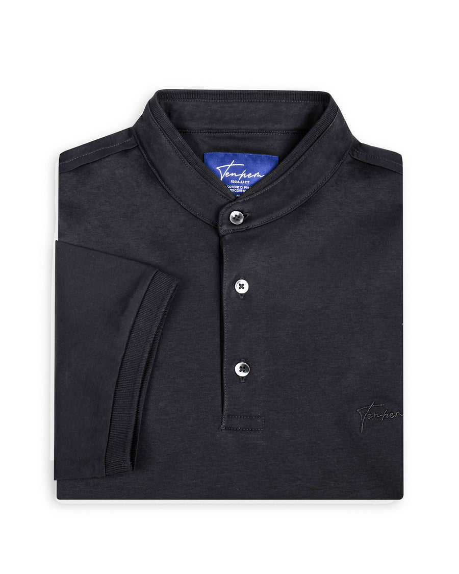 Peppercorn Black Mercerised Premium Cotton Interlock Men's Regular Fit Polo T-Shirt with Mandarin Collar
