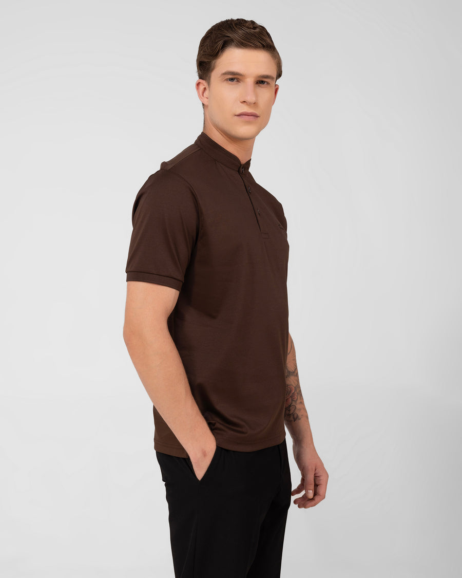 Brown Mercerised Luxury Cotton Interlock Men's Regular Fit Polo T-Shirt with Broad Placket
