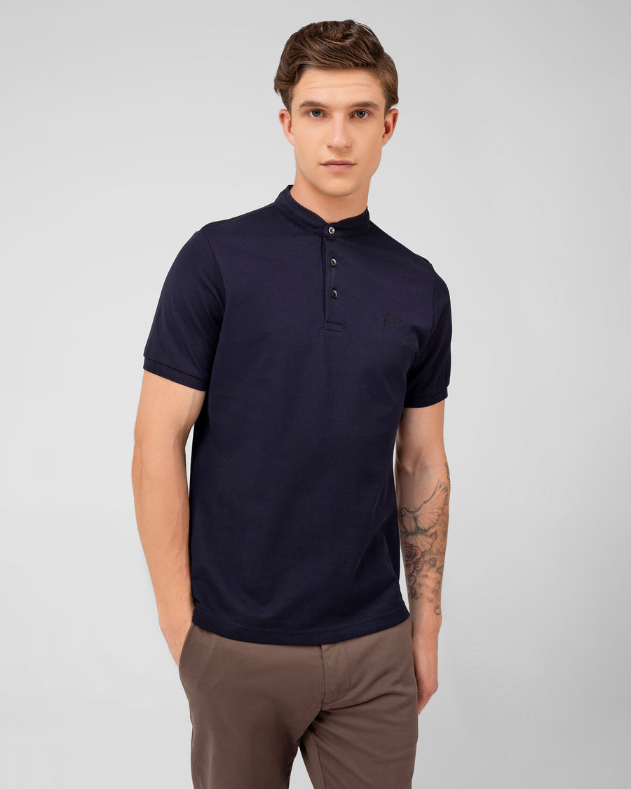 Deep Navy Mercerised Luxury Cotton Piqué Men's Regular Fit Polo T-Shirt with Mandarin Collar
