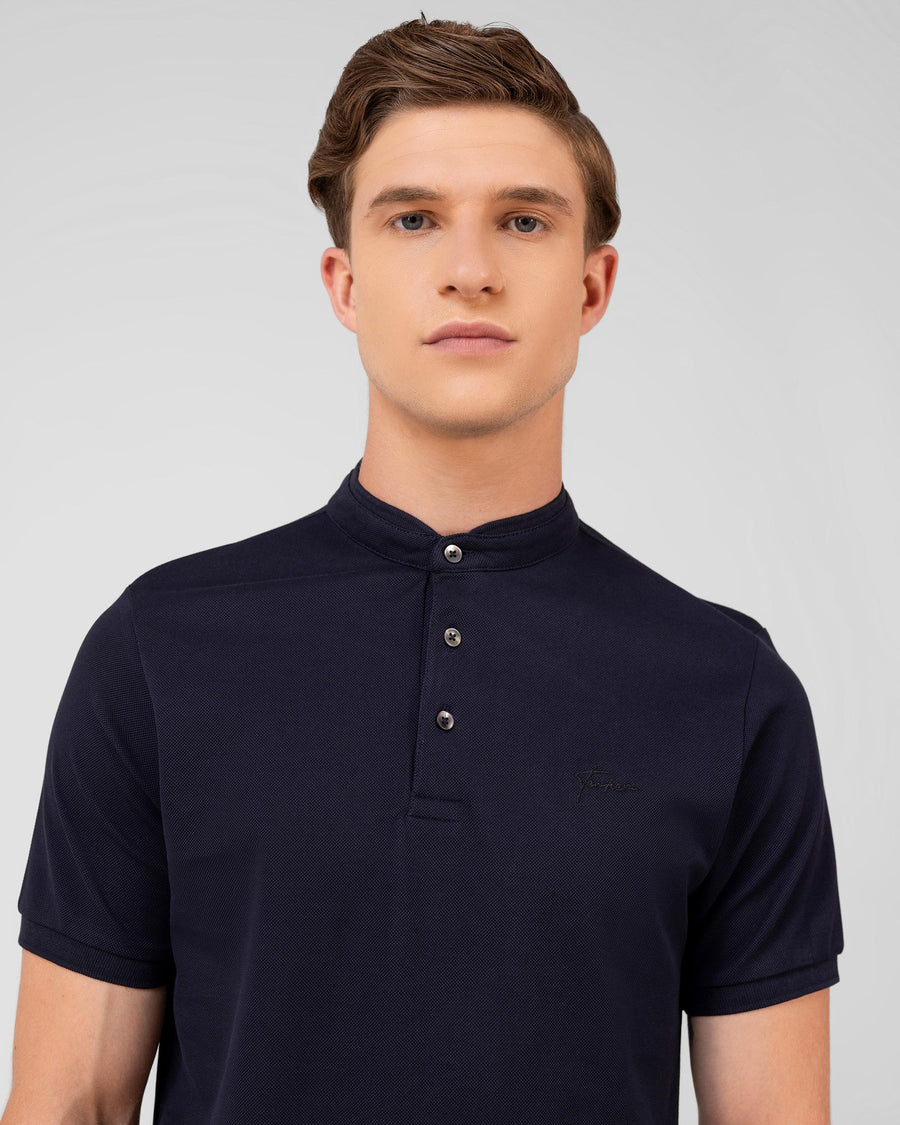 Pure Navy Mercerised Premium Cotton Piqué Men's Regular Fit Polo T-Shirt with Chinese Collar
