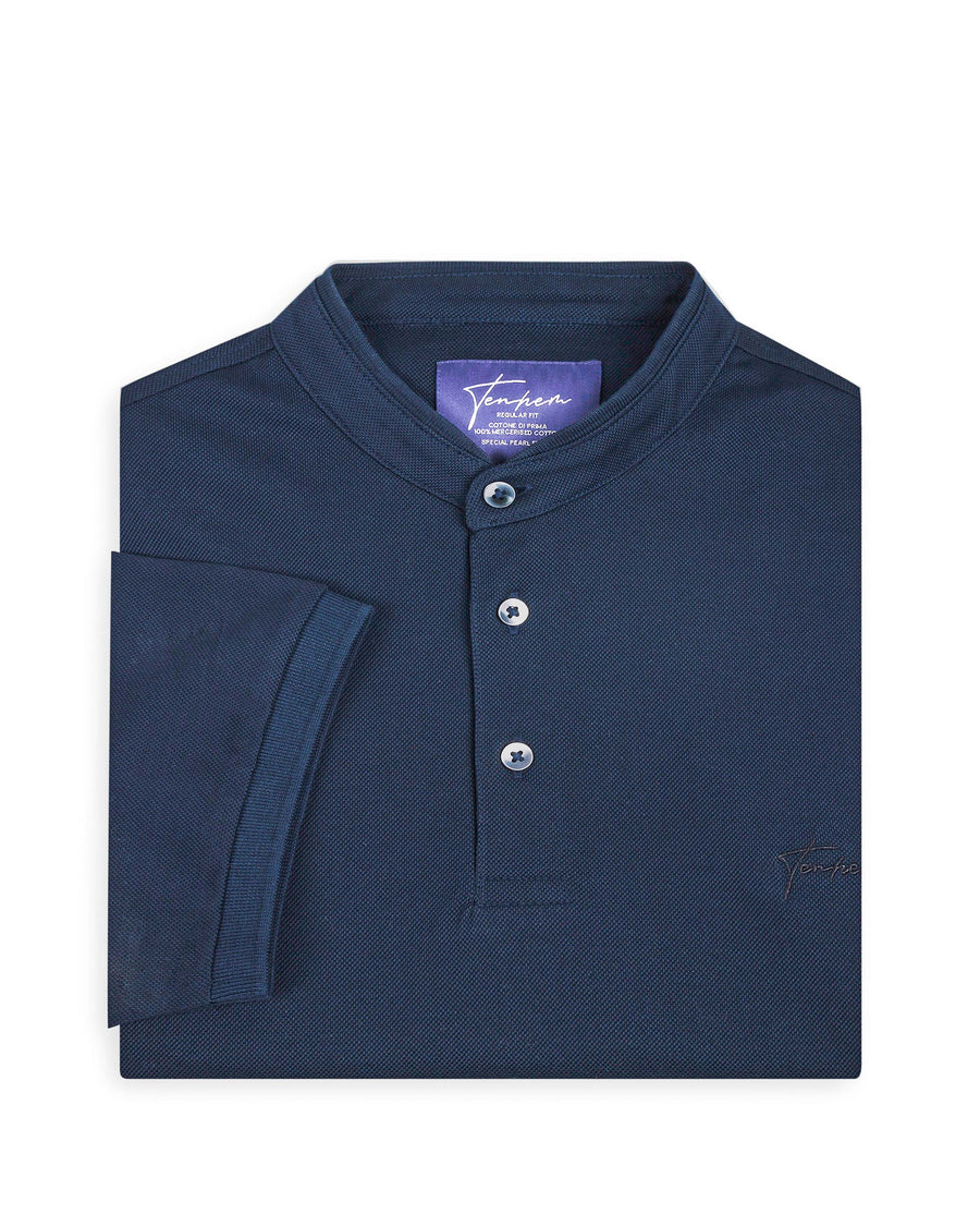 Deep Navy Mercerised Luxury Cotton Piqué Men's Regular Fit Polo T-Shirt with Mandarin Collar
