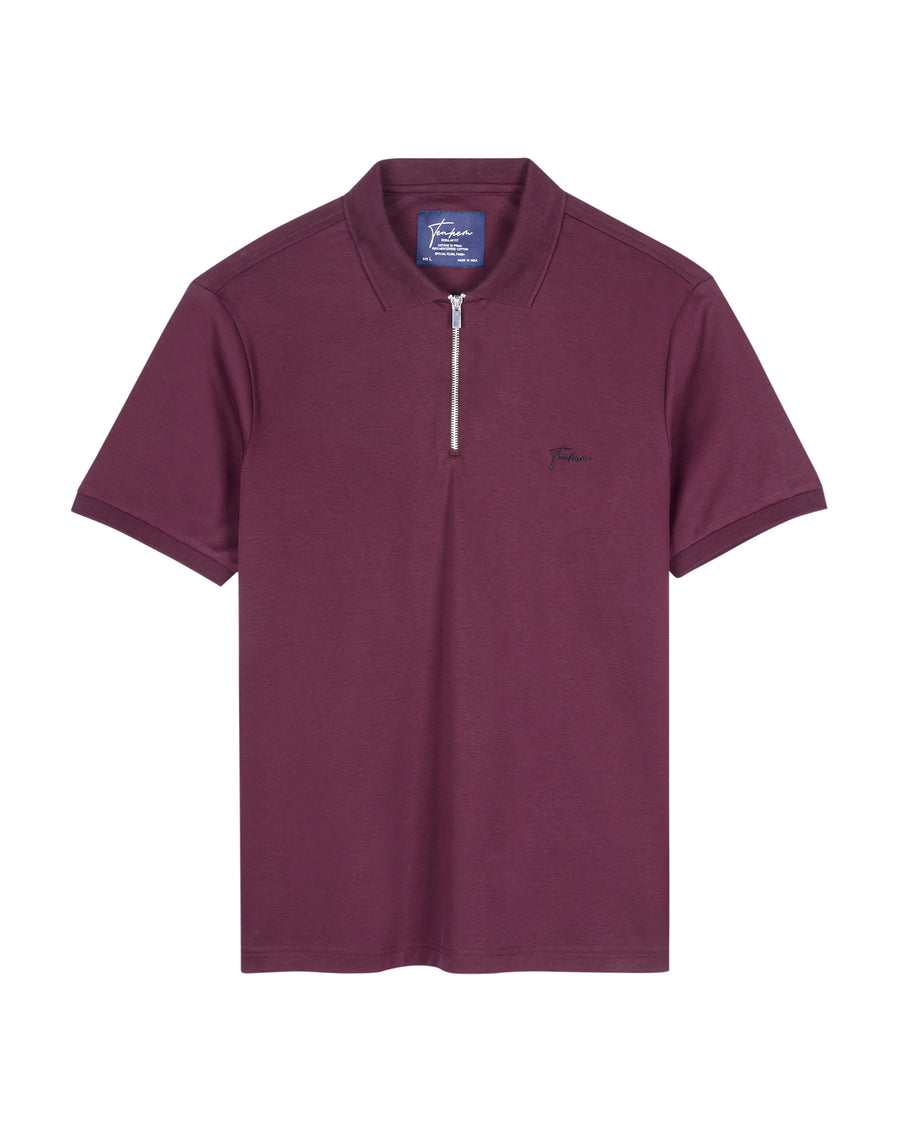 Deep Red Mercerised Luxury Cotton Interlock Men's Regular Fit Polo T-Shirt with Metallic Zipper
