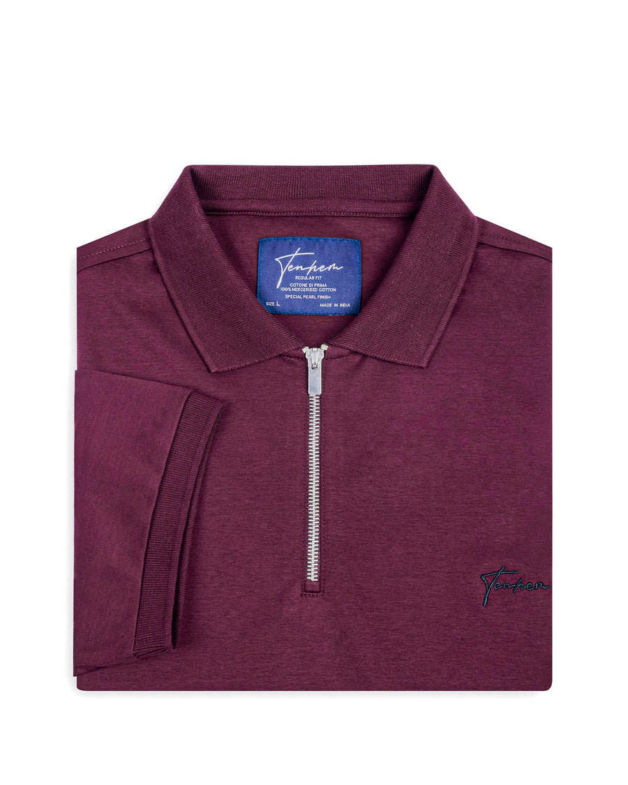 Burgundy Wine Mercerised Luxury Cotton Interlock Men's Regular Fit Polo T-Shirt with Metallic Zip
