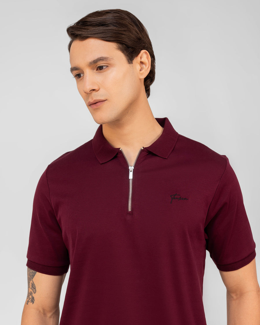 Cranberry Red Mercerised Luxury Cotton Interlock Men's Regular Fit Polo Shirt with Metallic Half Zip
