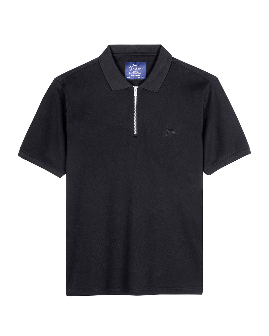 Pure Black Mercerised Premium Cotton Piqué Men's Regular Fit Polo T-Shirt with Metallic Zipper
