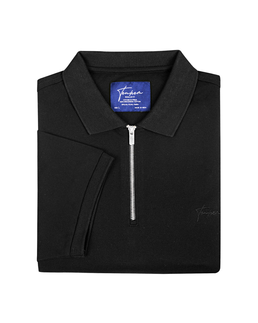 Indigoferra Black Mercerised Premium Cotton Piqué Men's Regular Fit Polo Shirt with Metallic Zip
