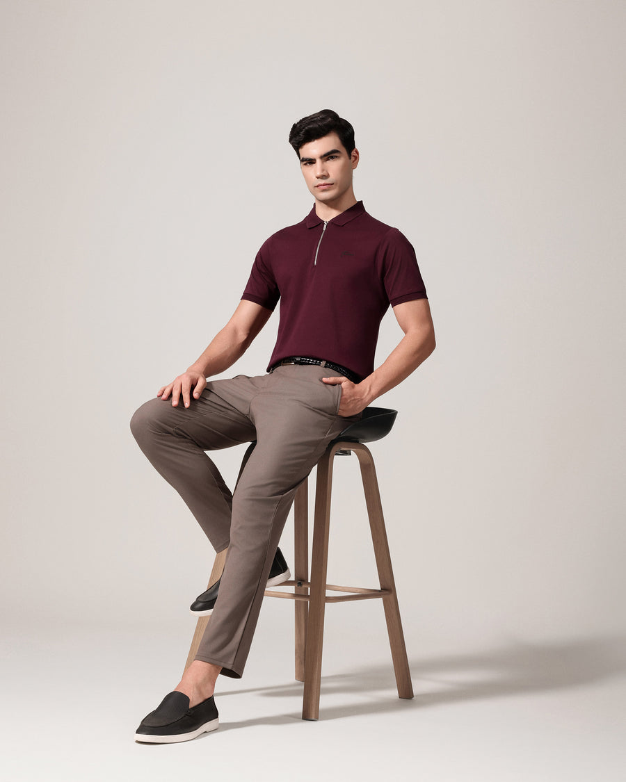 Burgundy Wine Mercerised Luxury Cotton Interlock Men's Regular Fit Polo T-Shirt with Metallic Zip