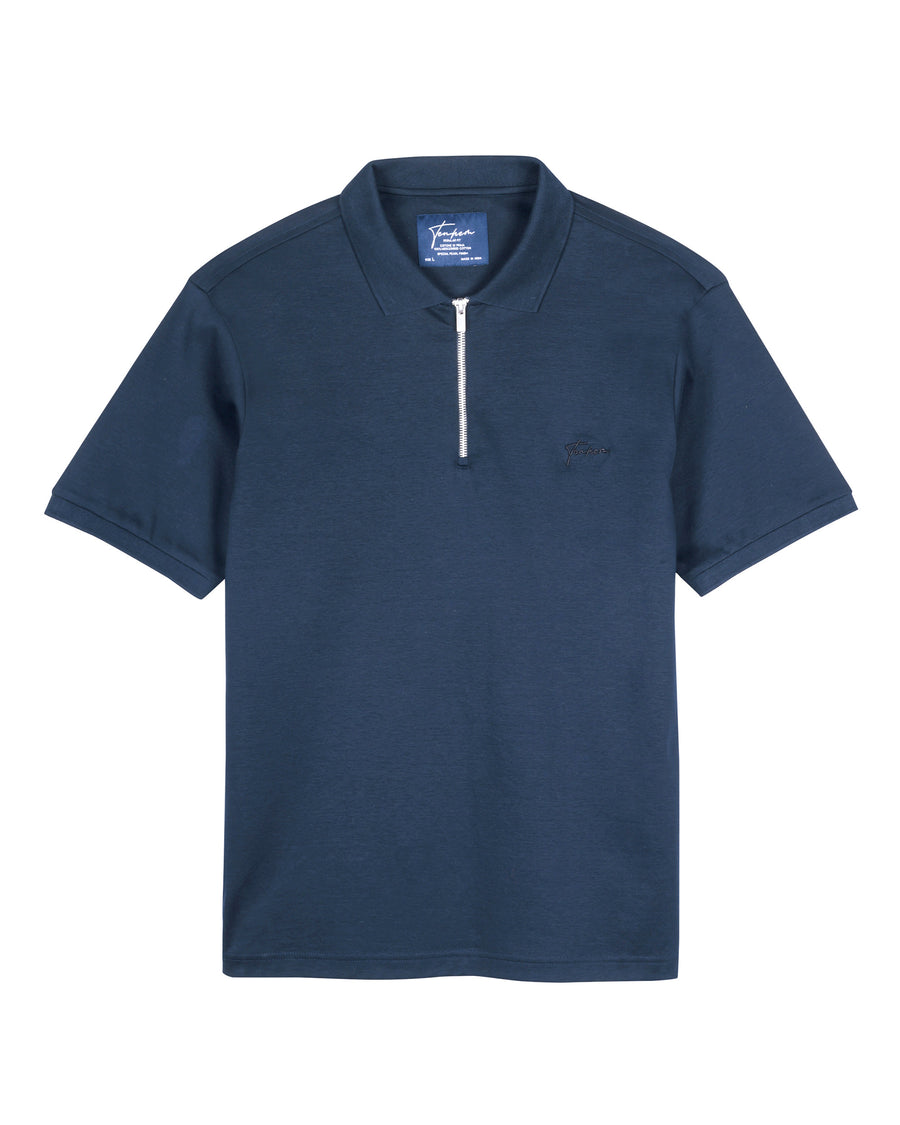 Aztec Navy Mercerised Premium Cotton Interlock Men's Regular Fit Polo T-Shirt with Metallic Zipper
