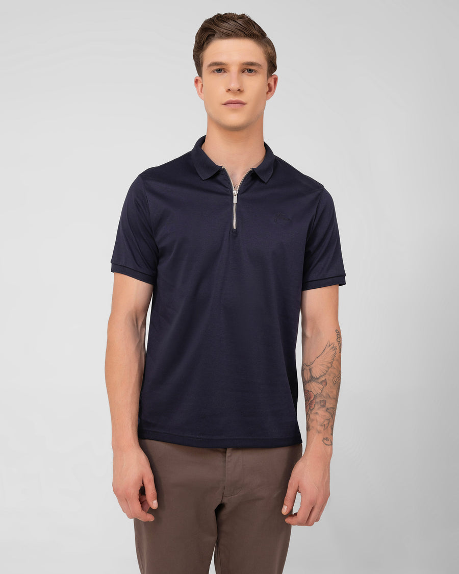 Pure Navy Mercerised Luxury Cotton Interlock Men's Regular Fit Polo T-Shirt with Metallic Zipper
