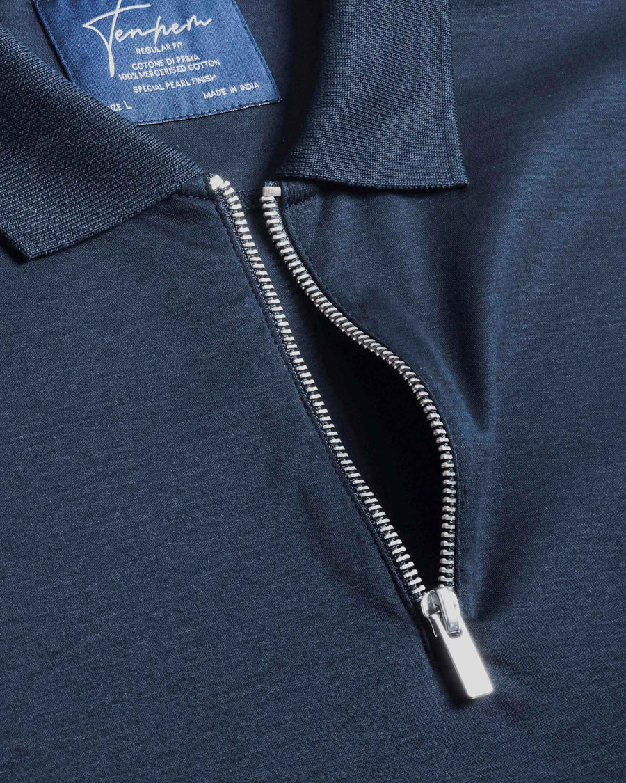 Aztec Navy Mercerised Premium Cotton Interlock Men's Regular Fit Polo T-Shirt with Metallic Zipper
