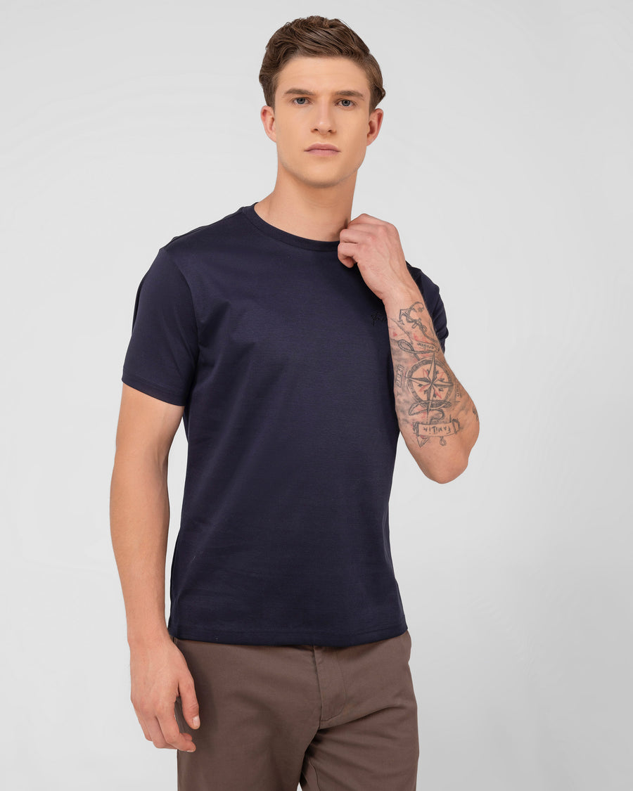Vulcan Navy Mercerised Premium Cotton Interlock Round Neck T-Shirt
