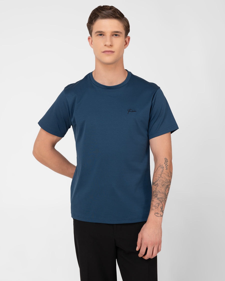 Petrol Blue Mercerised Luxury Cotton Interlock Men's Regular Fit Round Neck T-Shirt

