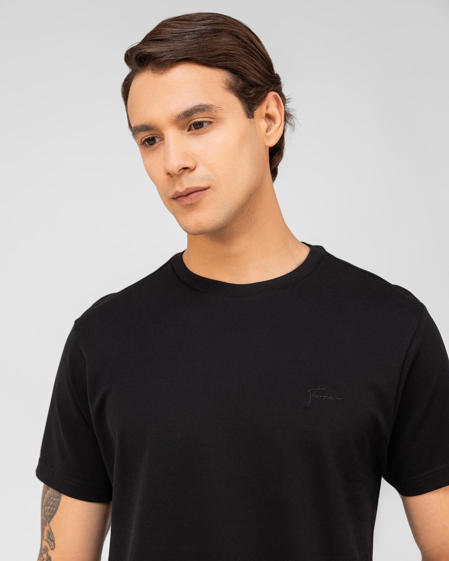 Black Track Mercerised Premium Cotton Piqué Crew Neck T-Shirt

