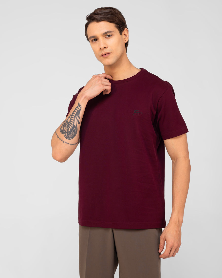 Merlot Burgundy Mercerised Premium Cotton Piqué Crew Neck T-Shirt
