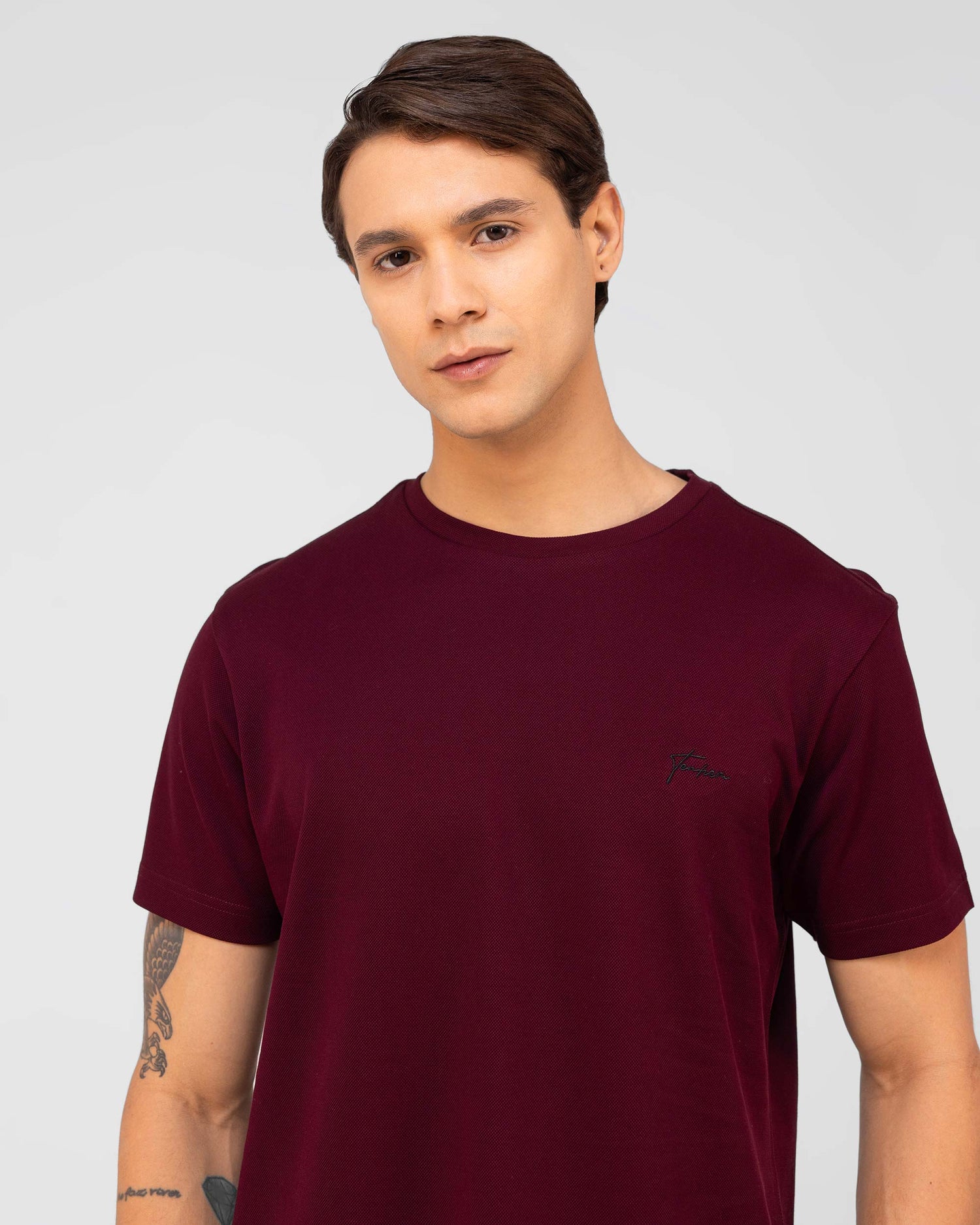 Burgundy Wine Mercerised Luxury Cotton Piqué Crew Neck T-Shirt
