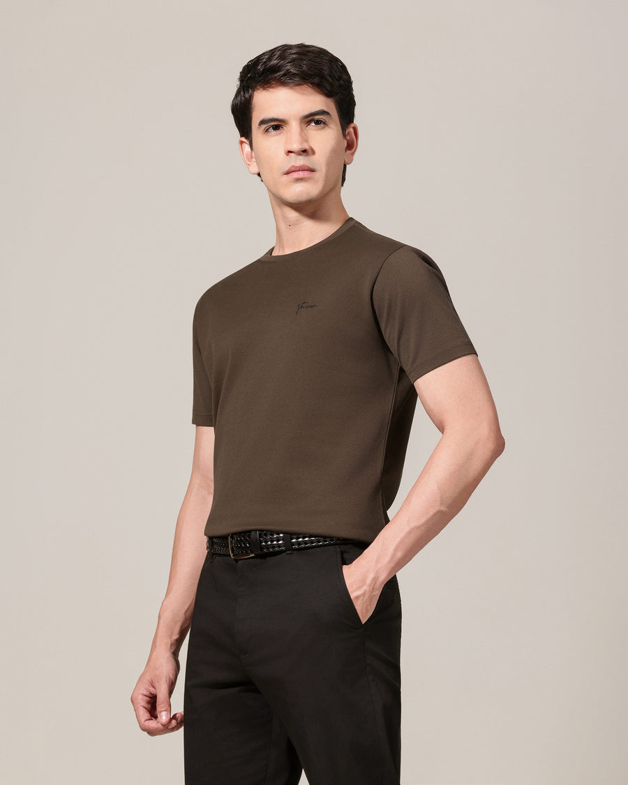Deep Brown Mercerised Luxury Cotton Piqué Round Neck T-Shirt