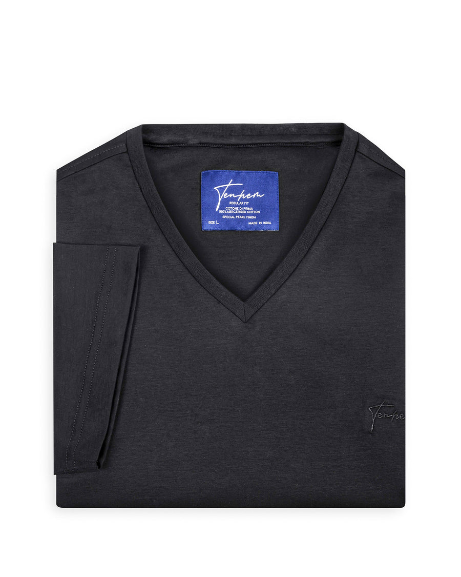 Coal Black Mercerised Luxury Cotton Interlock Men's Regular Fit V-Neck T-Shirt  Front View
