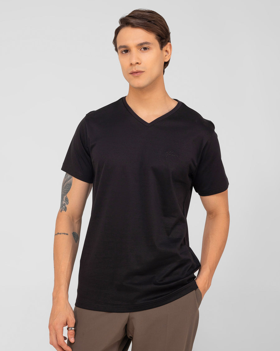 Ink Black Mercerised Luxury Cotton Interlock Men's Regular Fit V-Neck T-Shirt  Front View
