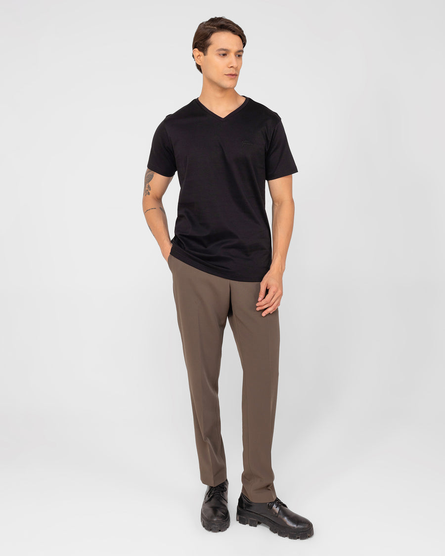 Midnight Black Mercerised Premium Cotton Interlock Men's Regular Fit T-Shirt  with V Neck Front View
