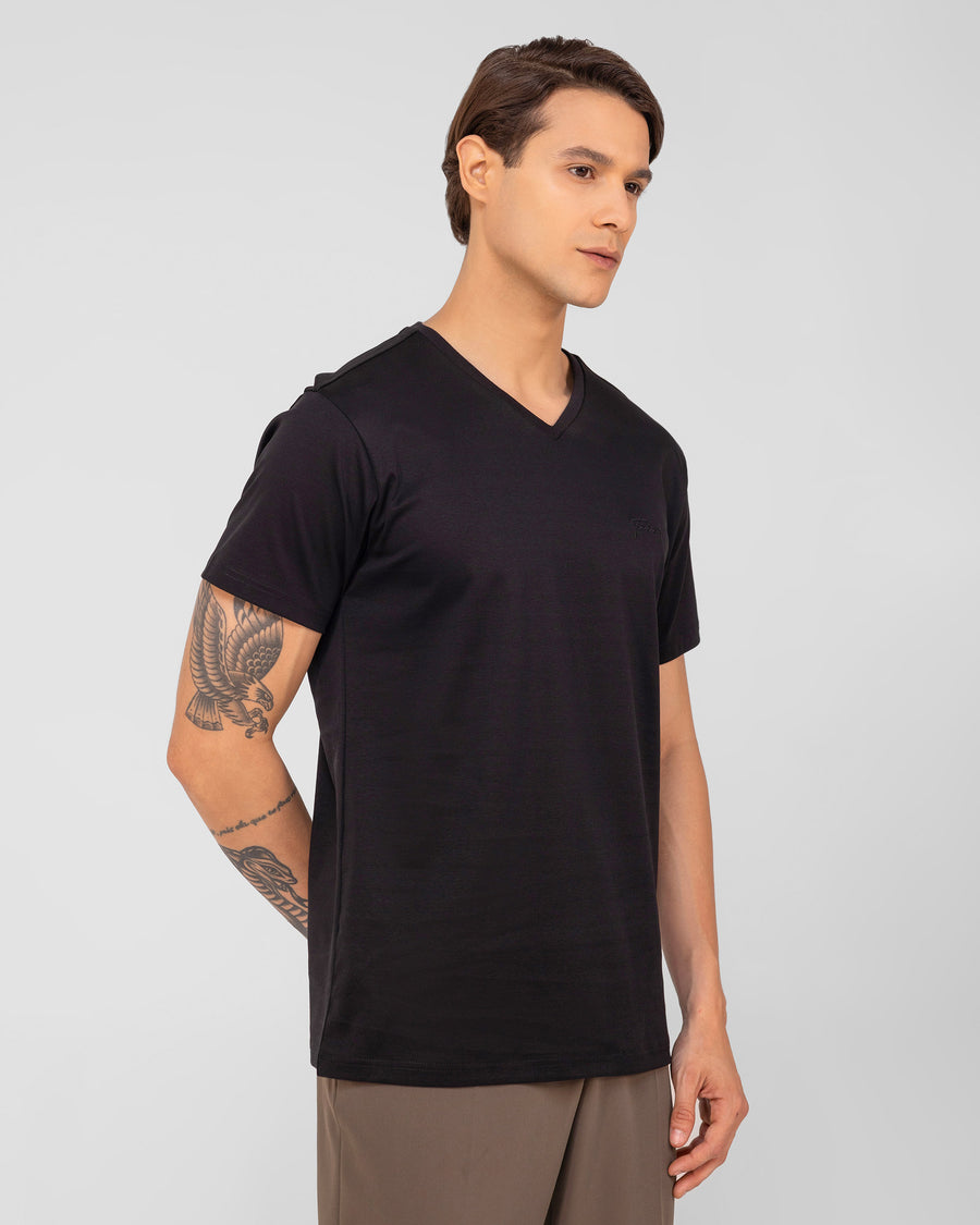 Jet Black Mercerised Luxury Cotton Interlock Men's Regular Fit V-Neck T-Shirt  Front View
