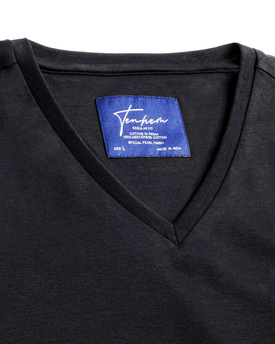 Deep Black Mercerised Premium Cotton Interlock Men's Regular Fit T-Shirt  with V Neck Front View
