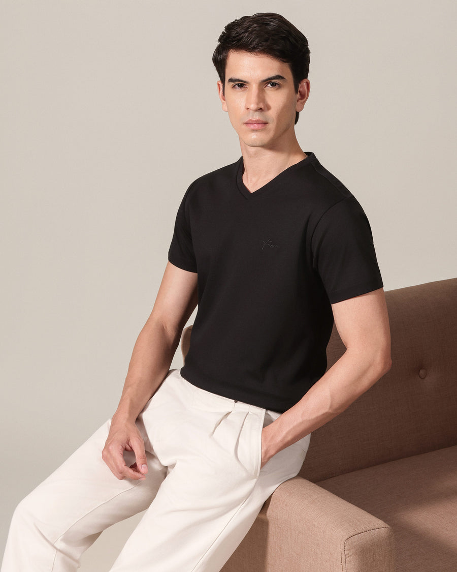 Jet Black Mercerised Luxury Cotton Interlock Men's Regular Fit V-Neck T-Shirt Front View