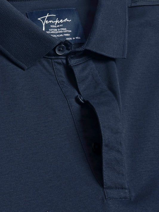 Navy Polo T-shirt Covered Placket Mercerised Cotton Interlock