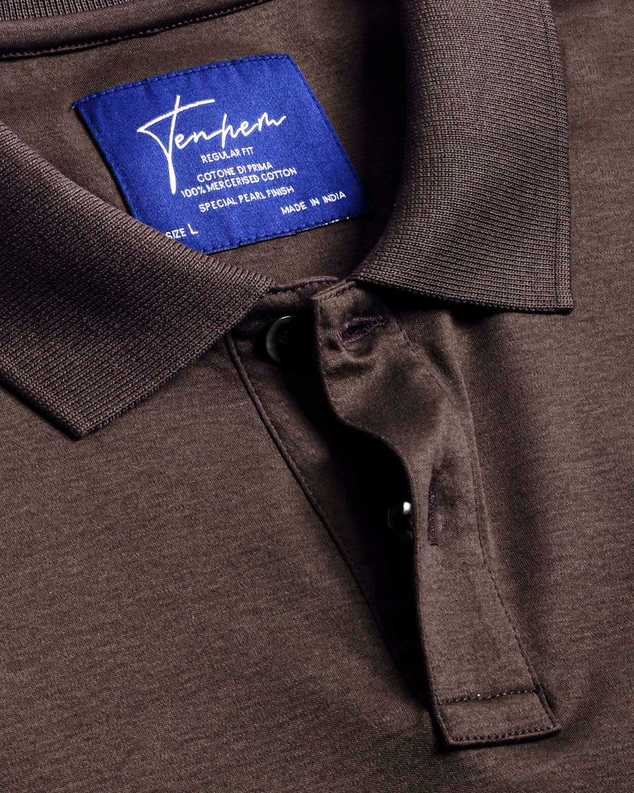 Mocha Brown Mercerised Premium Cotton Interlock Men's Regular Fit Polo Shirt with Classic Placket
