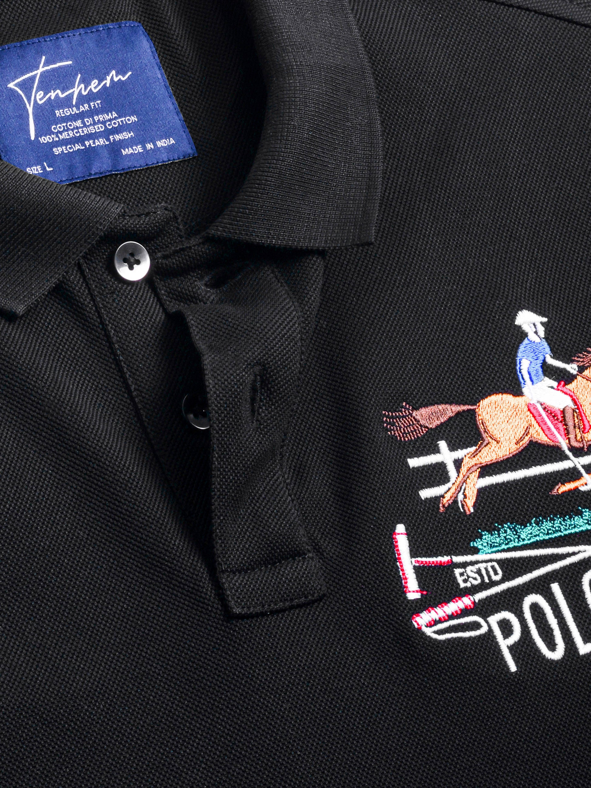 Luxury mercerised cotton pique black polo shirt for men featuring signature Cantermark emblem – TENHEM
