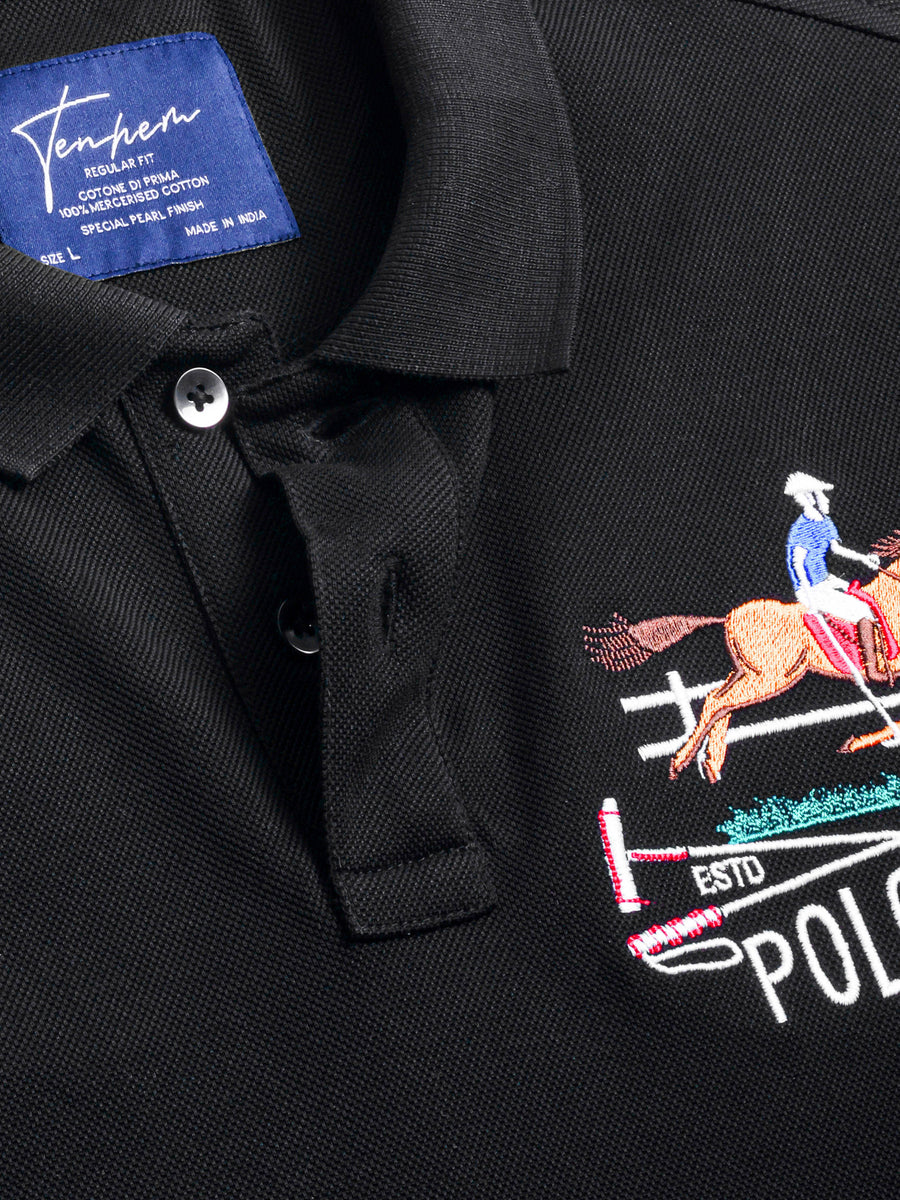 Vulcan Black Mercerised Luxury Cotton Piqué Men's Regular Fit Embroidered Polo T-Shirt with Classic Placket
