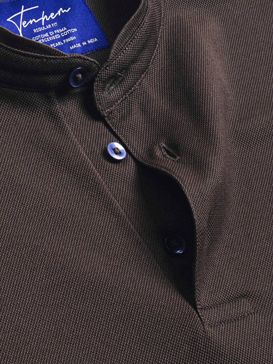Dusky Brown Mercerised Luxury Cotton Piqué Men's Regular Fit Polo Shirt with Mandarin Collar
