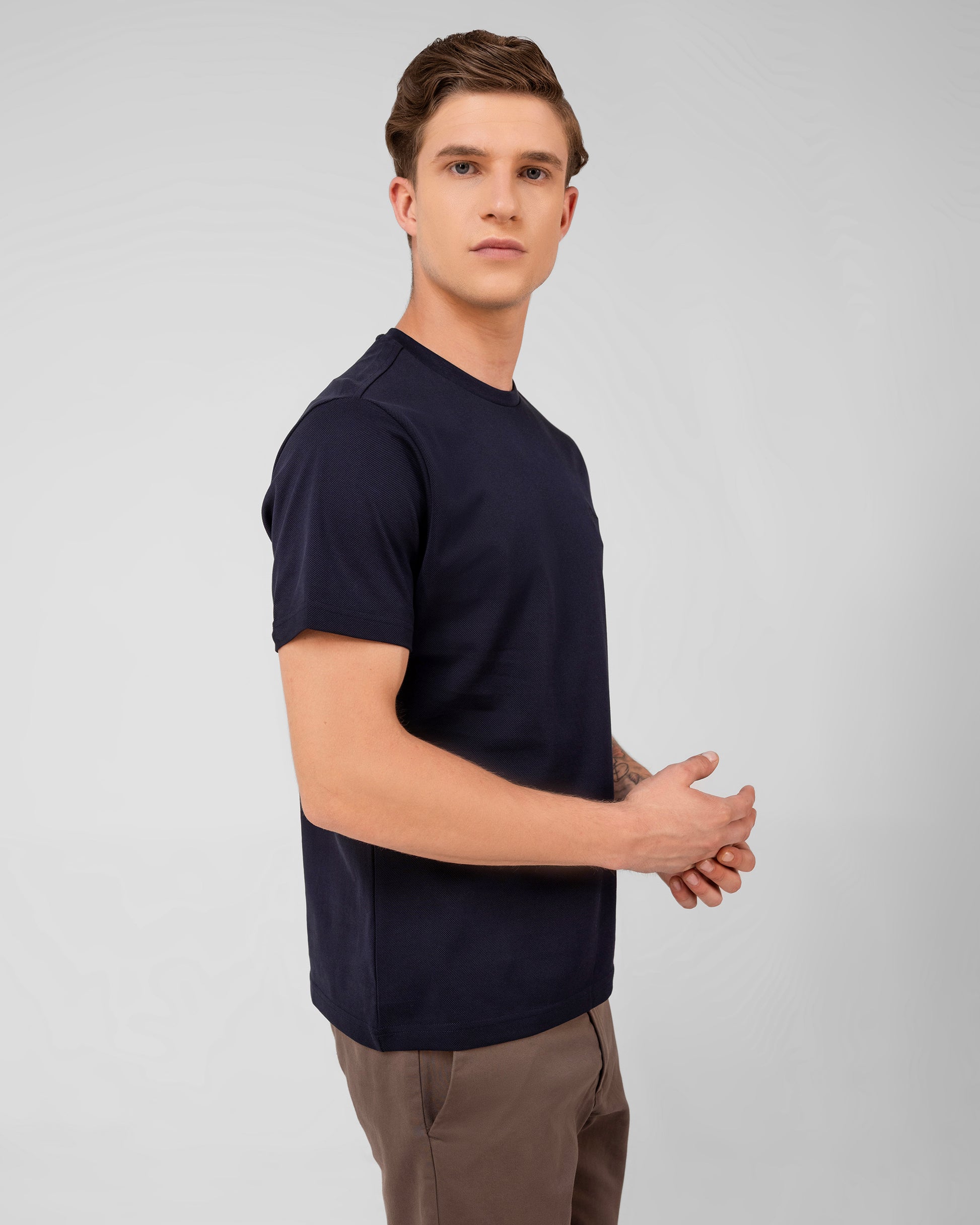 Premium navy cotton pique t shirt in regular fit made from mercerised cotton – TENHEM
