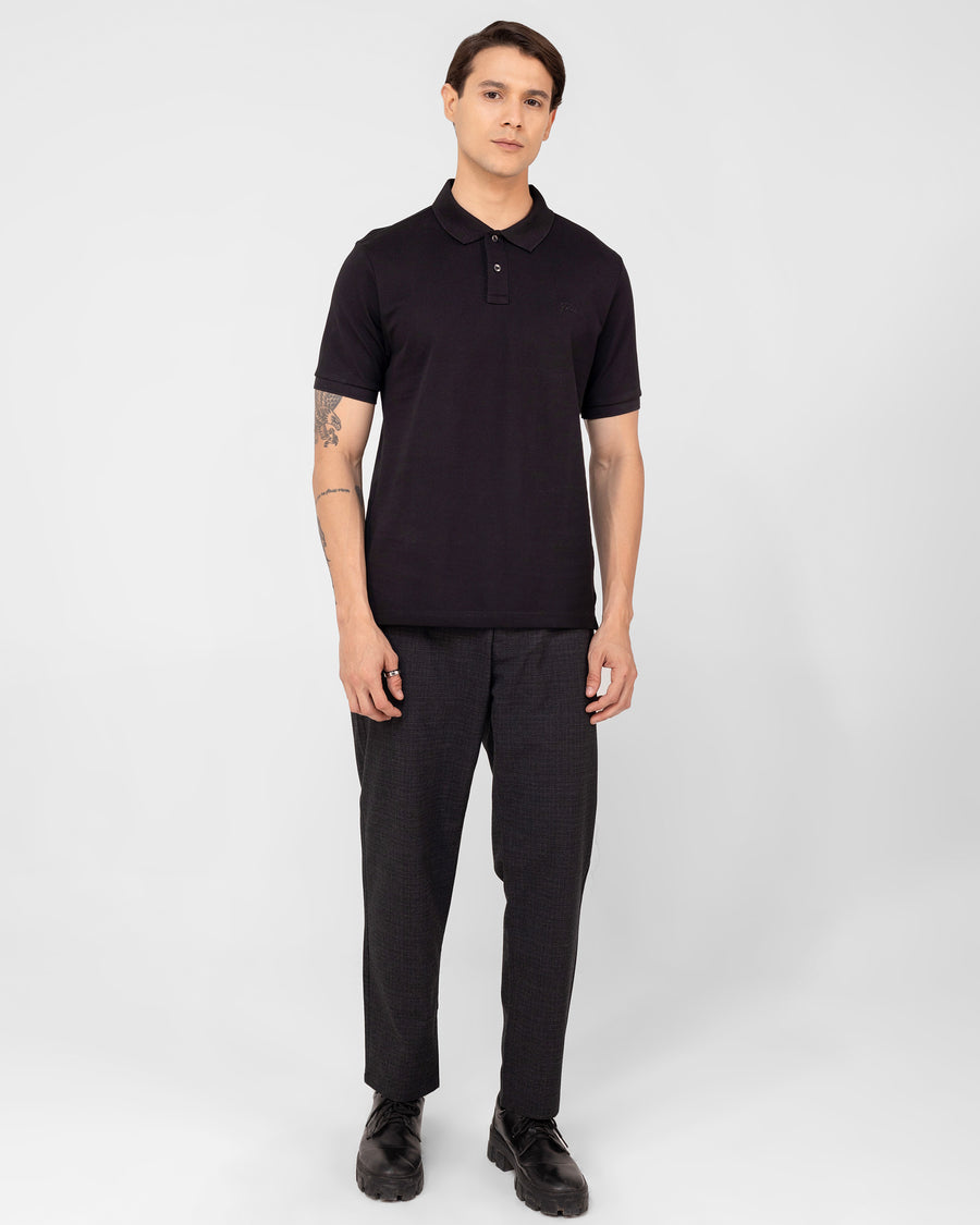Onyx Black Mercerised Premium Cotton Piqué Men's Regular Fit Polo Shirt with Broad Placket Front View