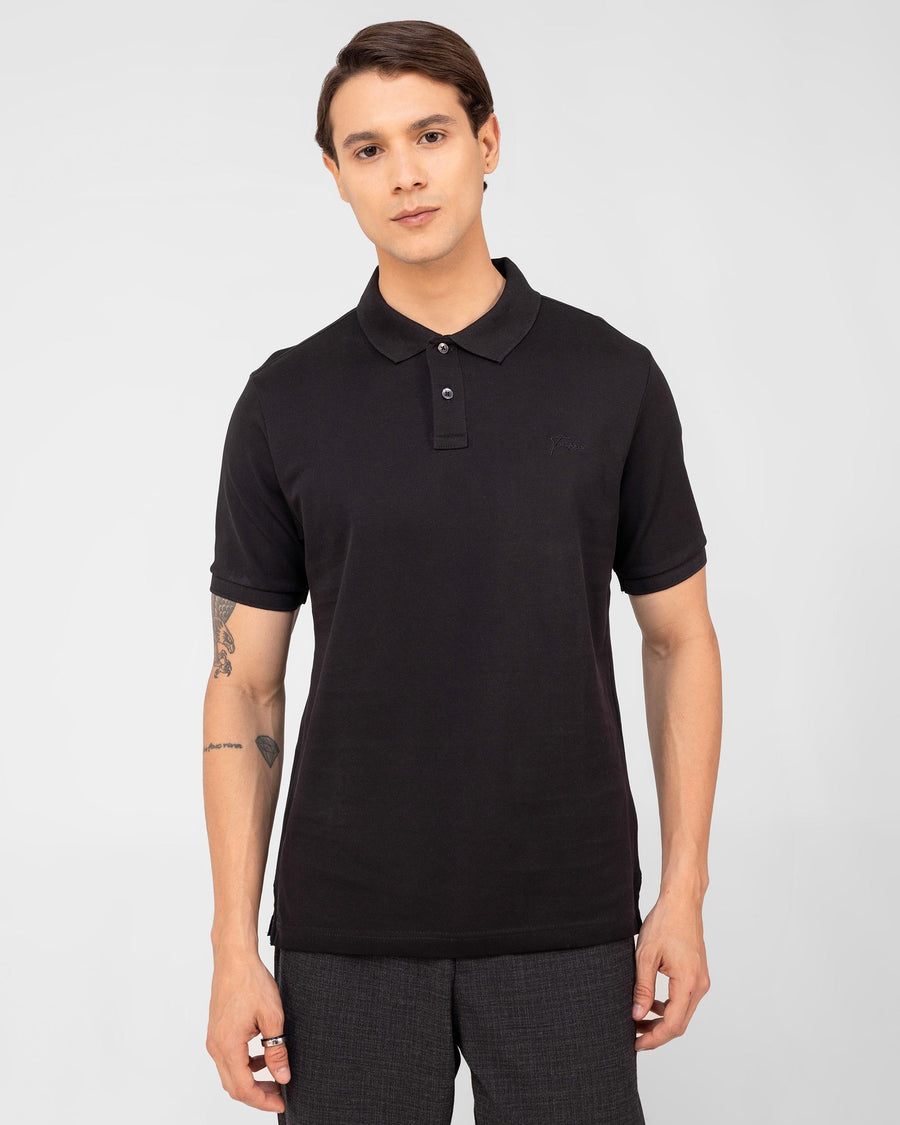 Coal Black Mercerised Luxury Cotton Piqué Men's Regular Fit Polo Shirt with Solid Polo
