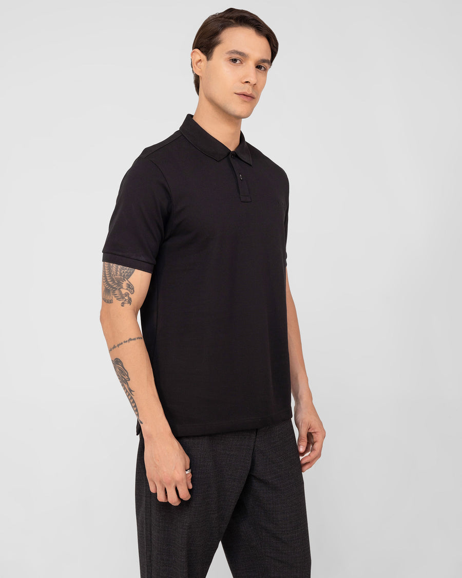 Deep Black Mercerised Premium Cotton Piqué Men's Regular Fit Polo T-Shirt with Box Placket
