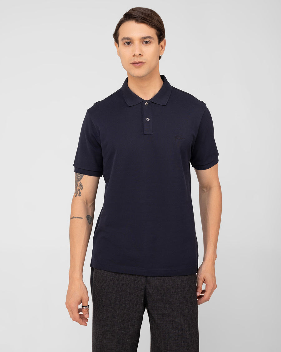 Aztec Navy Mercerised Premium Cotton Piqué Men's Regular Fit Polo T-Shirt with Solid Polo
