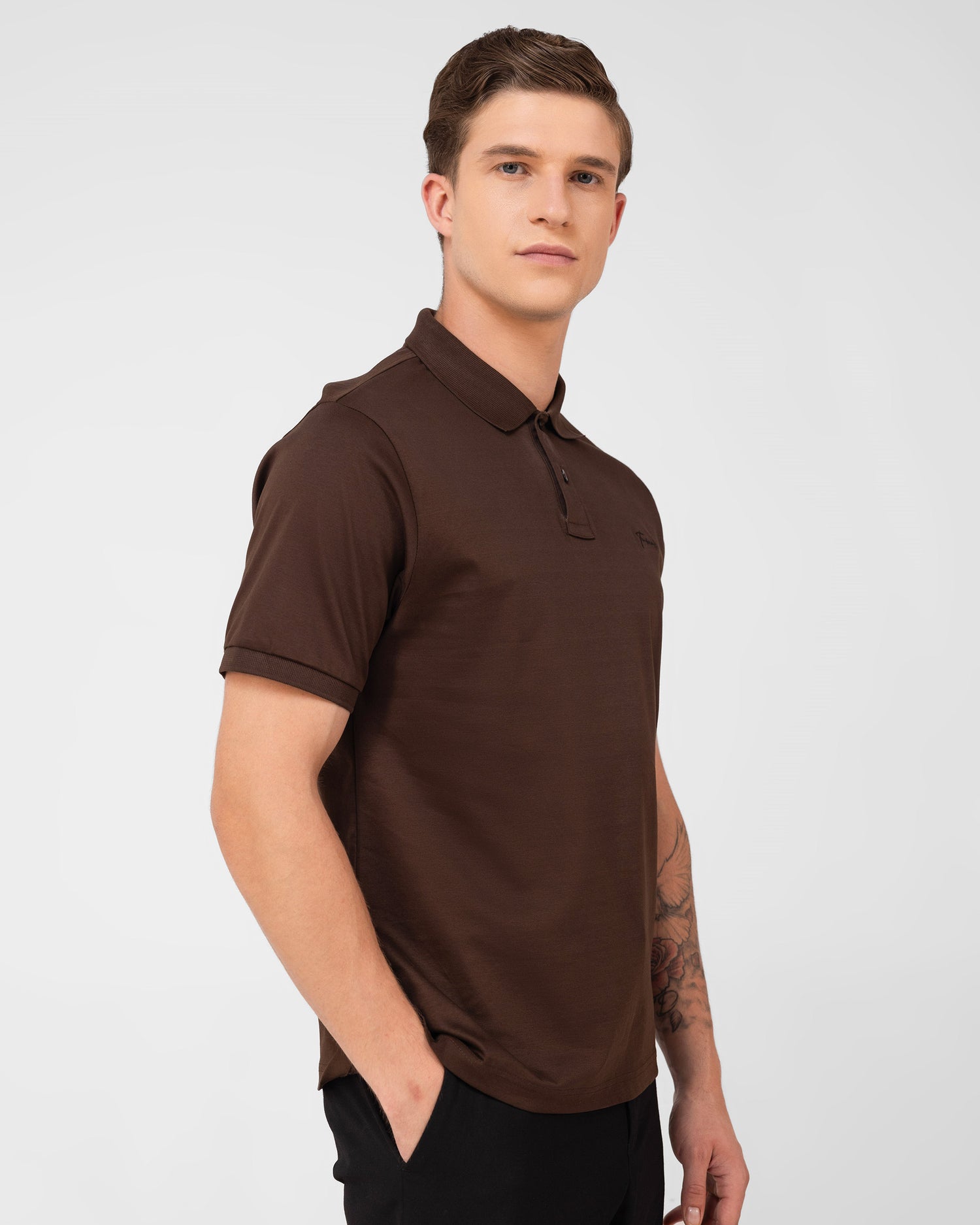 Brown Mercerised Luxury Cotton Interlock Men's Regular Fit Polo T-Shirt with Broad Placket

