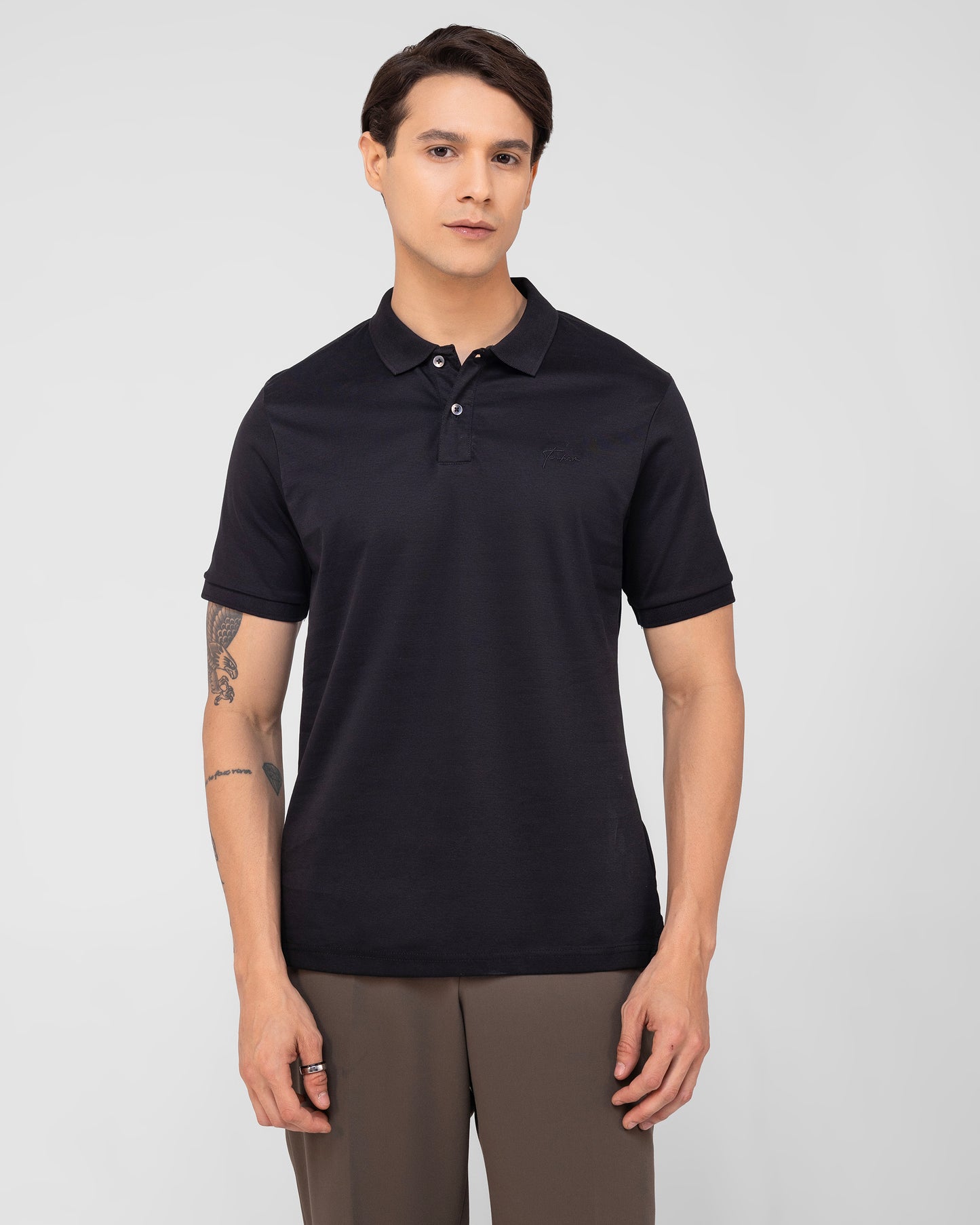 Black Polo T-shirt Clean Placket Mercerised Cotton Interlock
