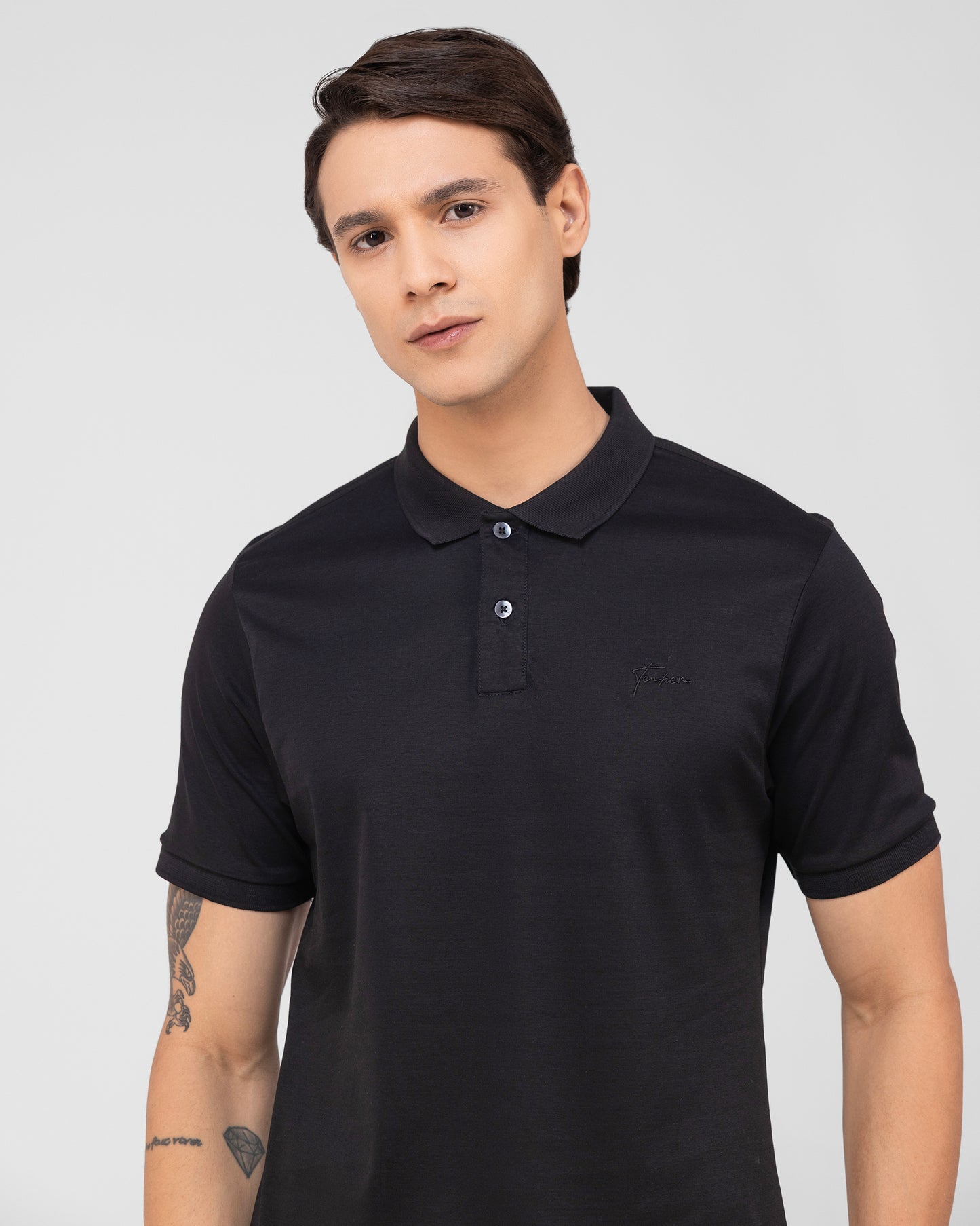 Black Polo T-shirt Clean Placket Mercerised Cotton Interlock