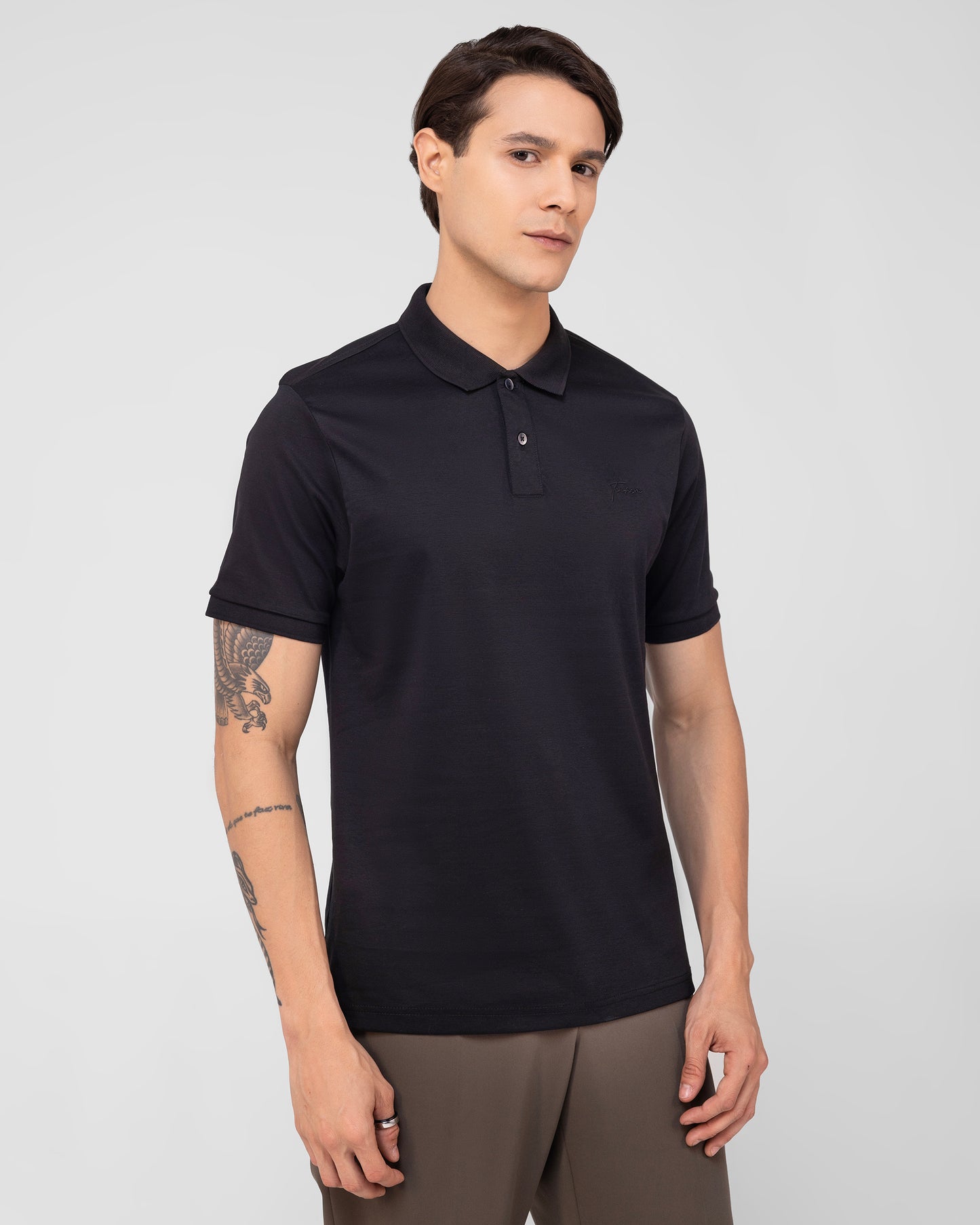 Black Polo T-shirt Clean Placket Mercerised Cotton Interlock
