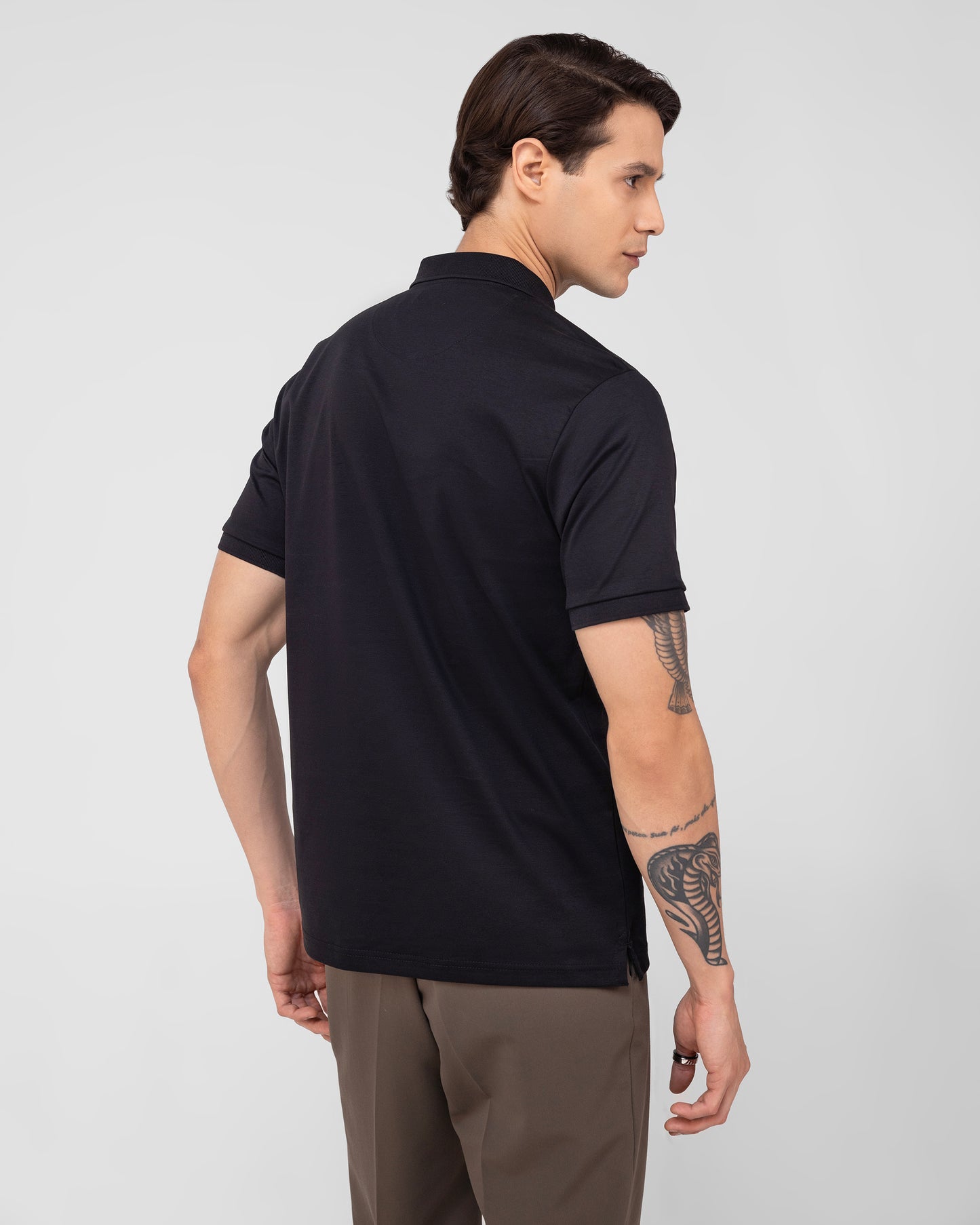 Black Polo T-shirt Clean Placket Mercerised Cotton Interlock