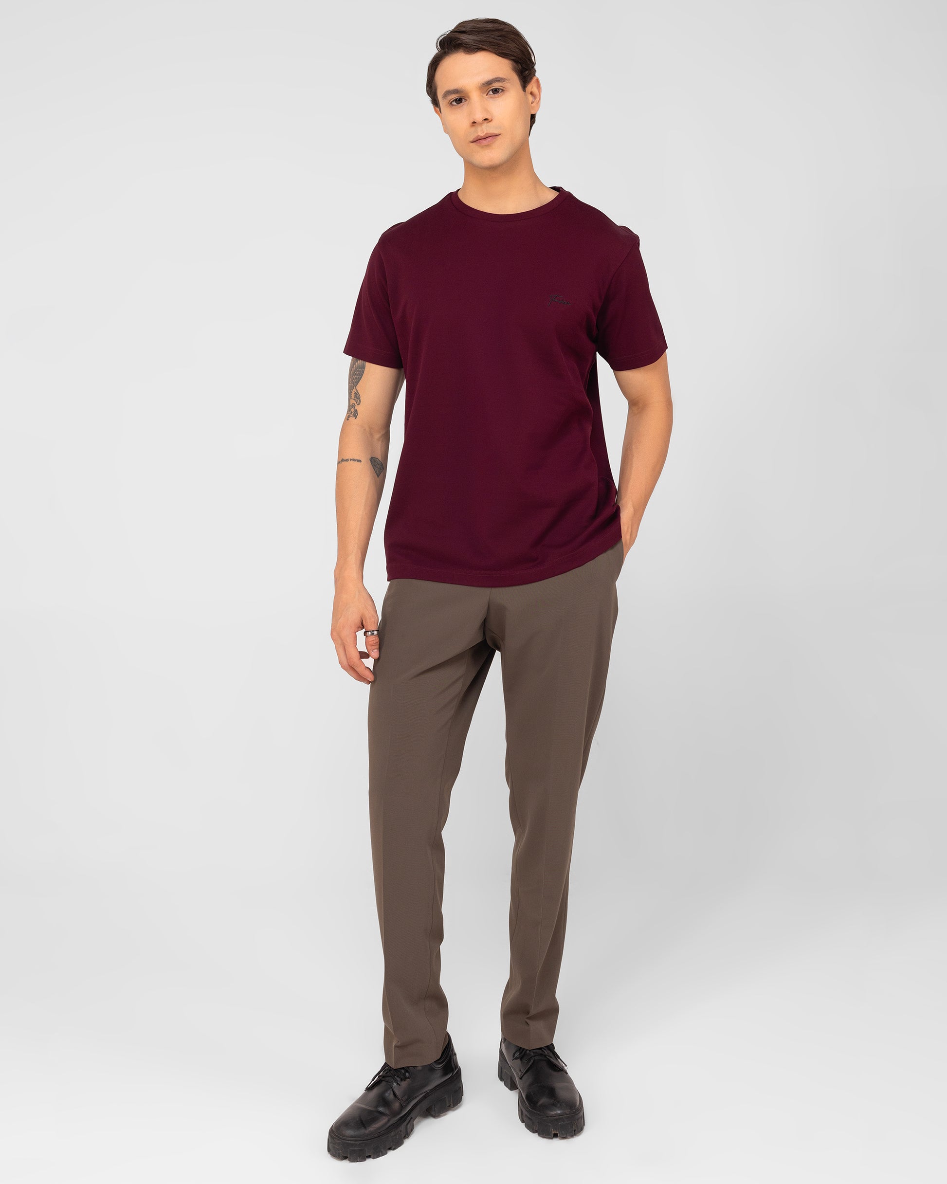 Wine round neck t-shirt in mercerised cotton pique with rich luster – TENHEM
