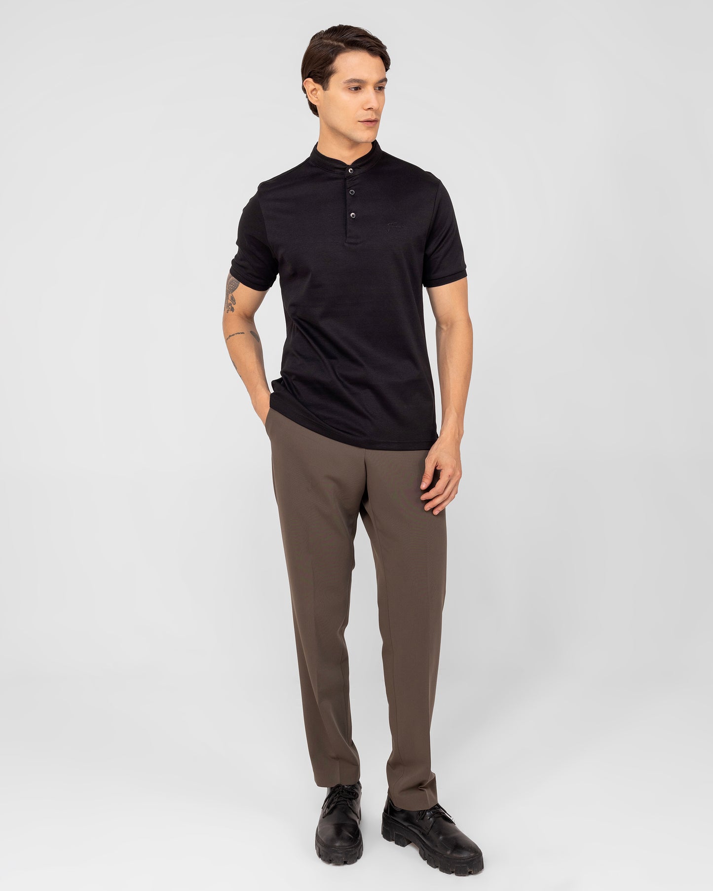Black Polo Standup Collar Mercerised Interlock
