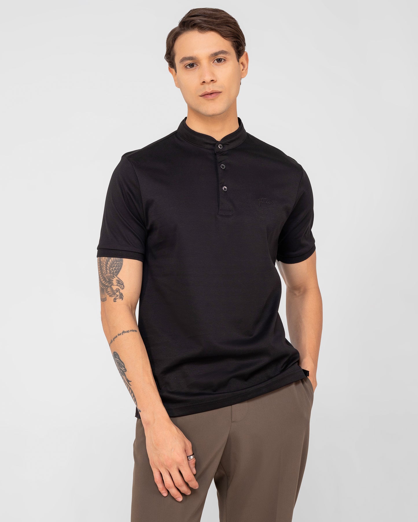 Black Polo Standup Collar Mercerised Interlock