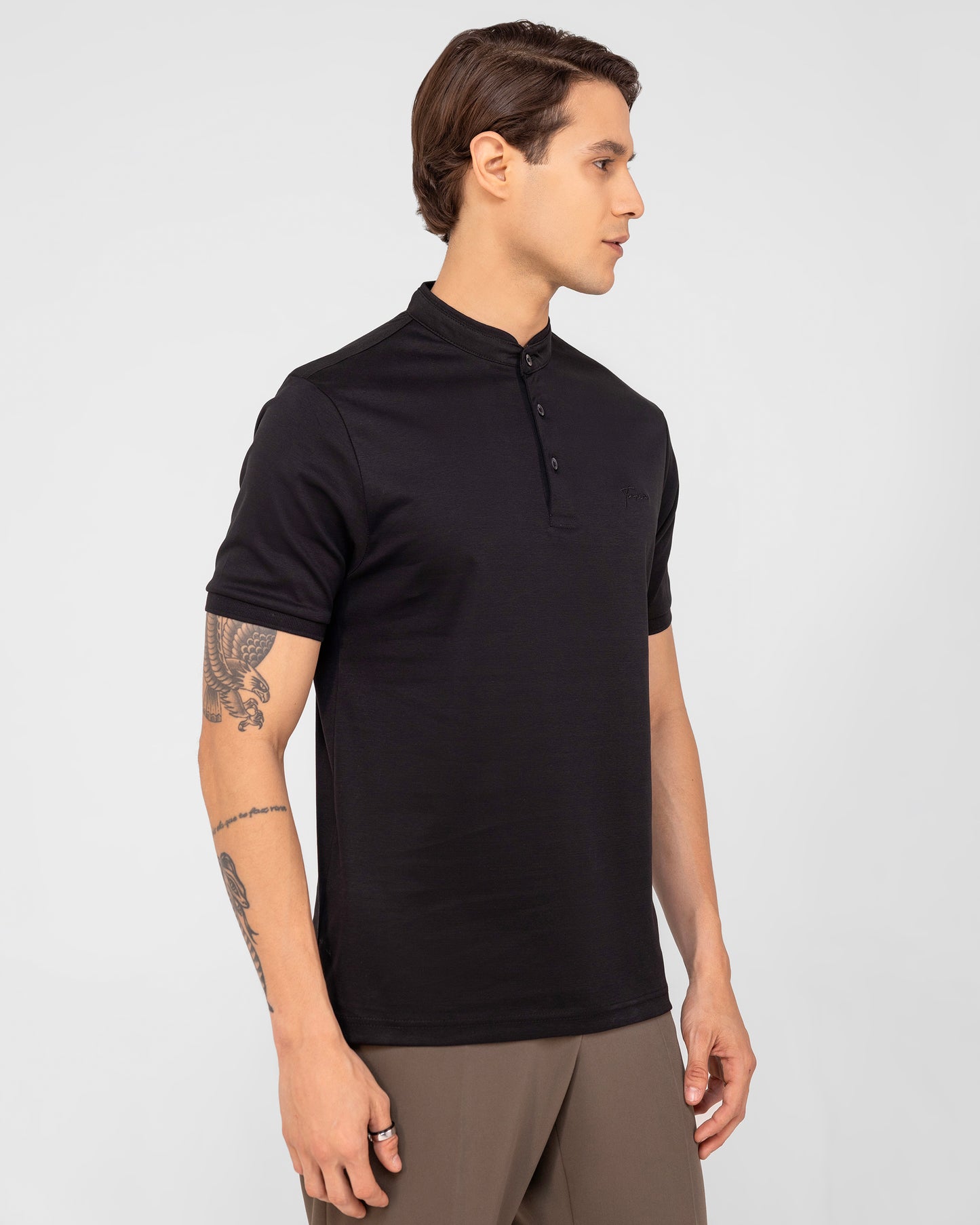 Black Polo Standup Collar Mercerised Interlock