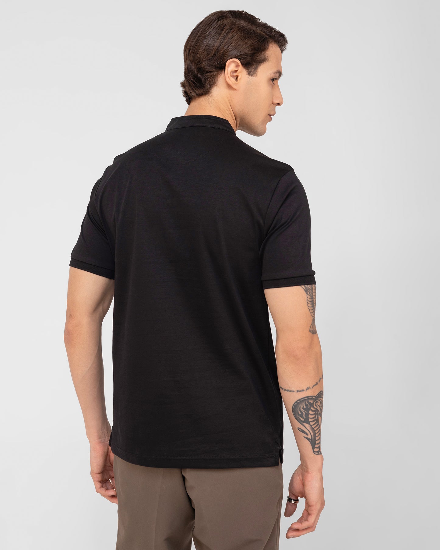 Black Polo Standup Collar Mercerised Interlock