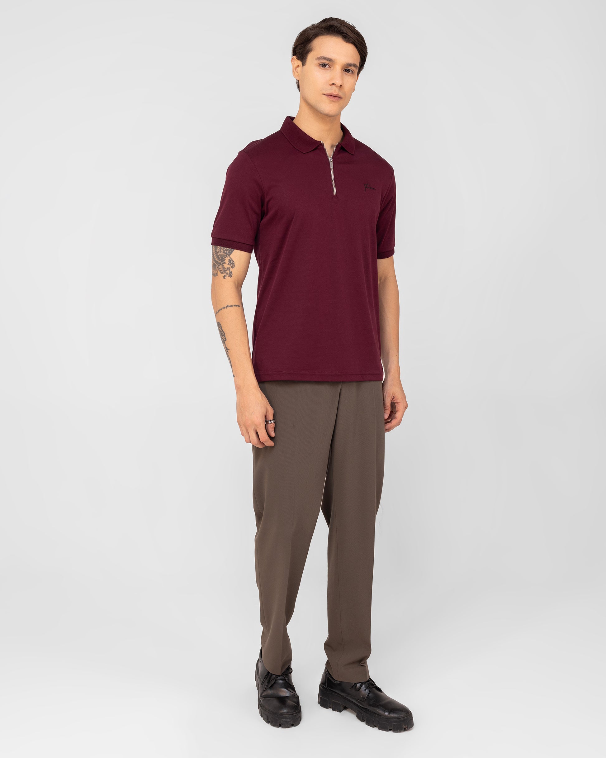 Wine-colored mercerised cotton zipper polo for men with refined detailing and fit – TENHEM
